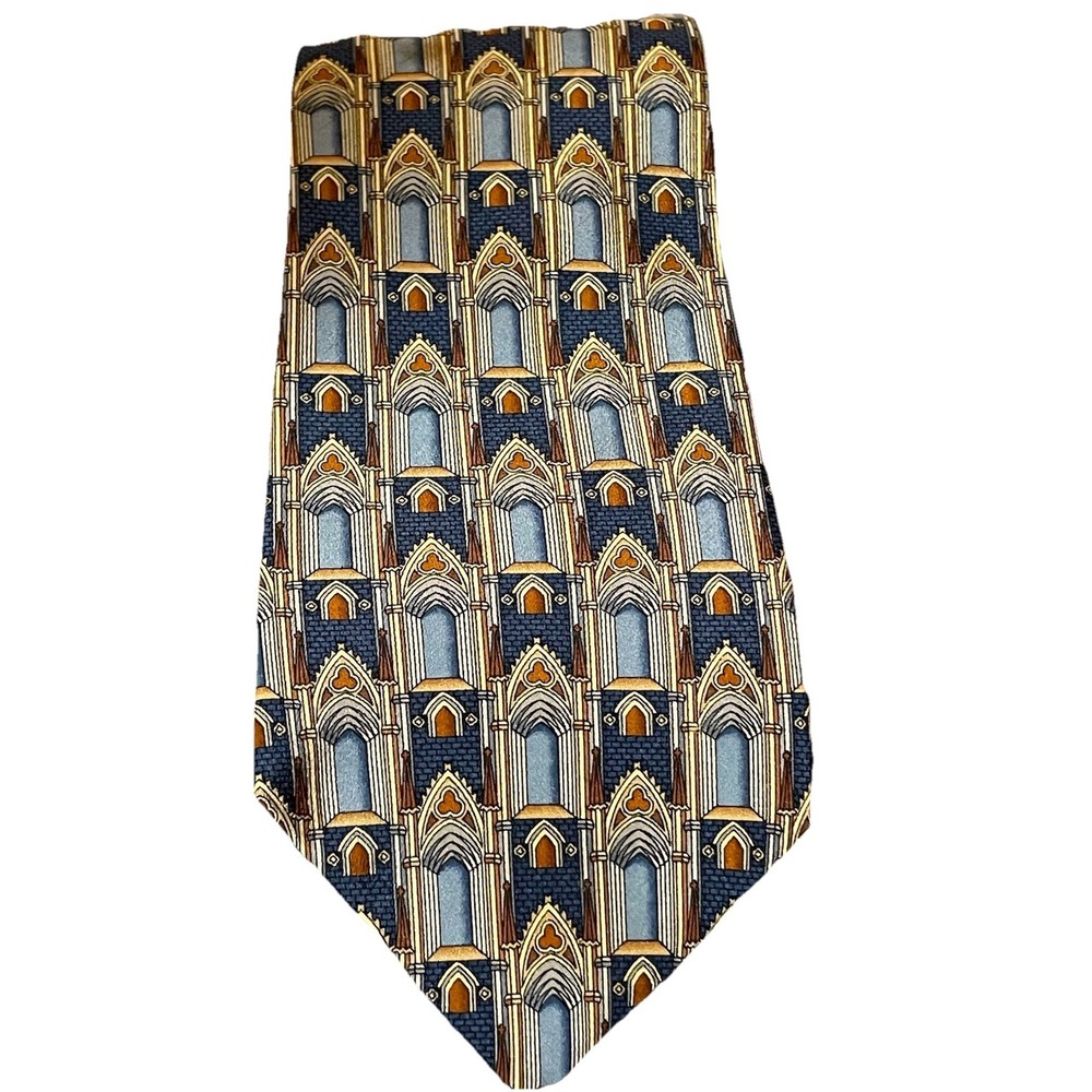 Vtg Unicef Silk Necktie Gothic Arches England Beige Navy USA Made - Picture 7 of 7